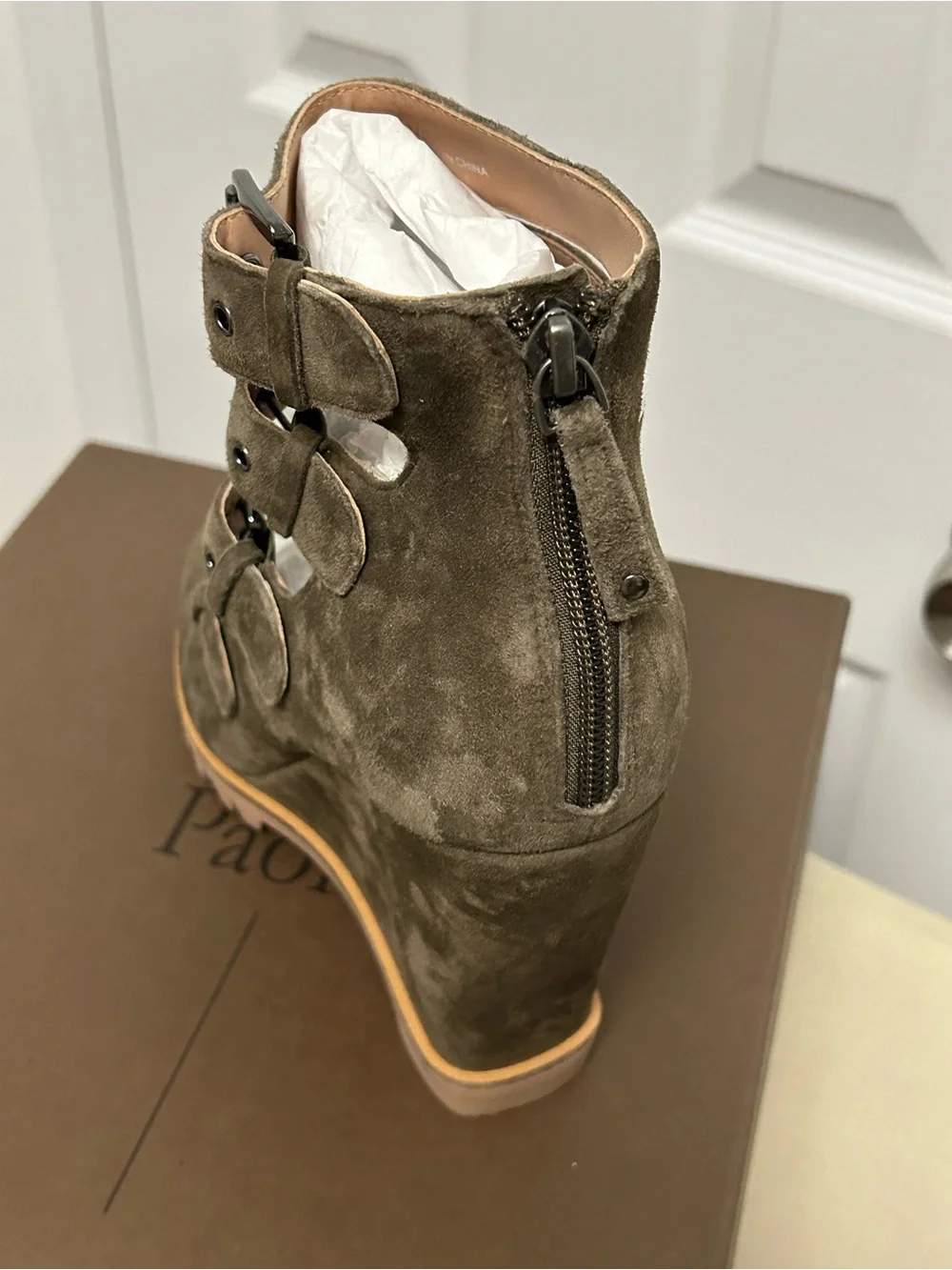 Paolo Olive Suede Wedge Bootie with Four Buckle Straps